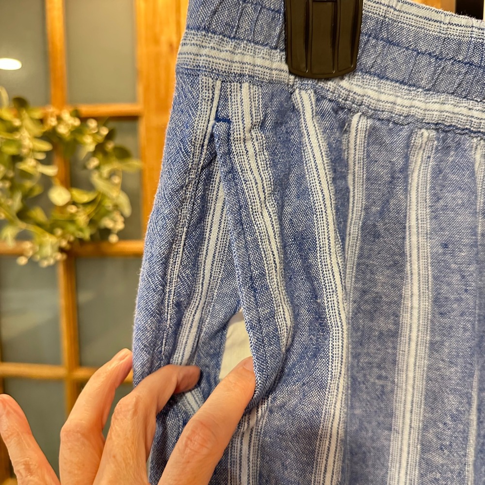 Old Navy Pants Women M Blue Striped Linen Blend High Rise Wide Leg Comfort Waist - Picture 8 of 8